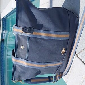 Coach Navy and Tan Canvas Tote Bag with Striped Strap